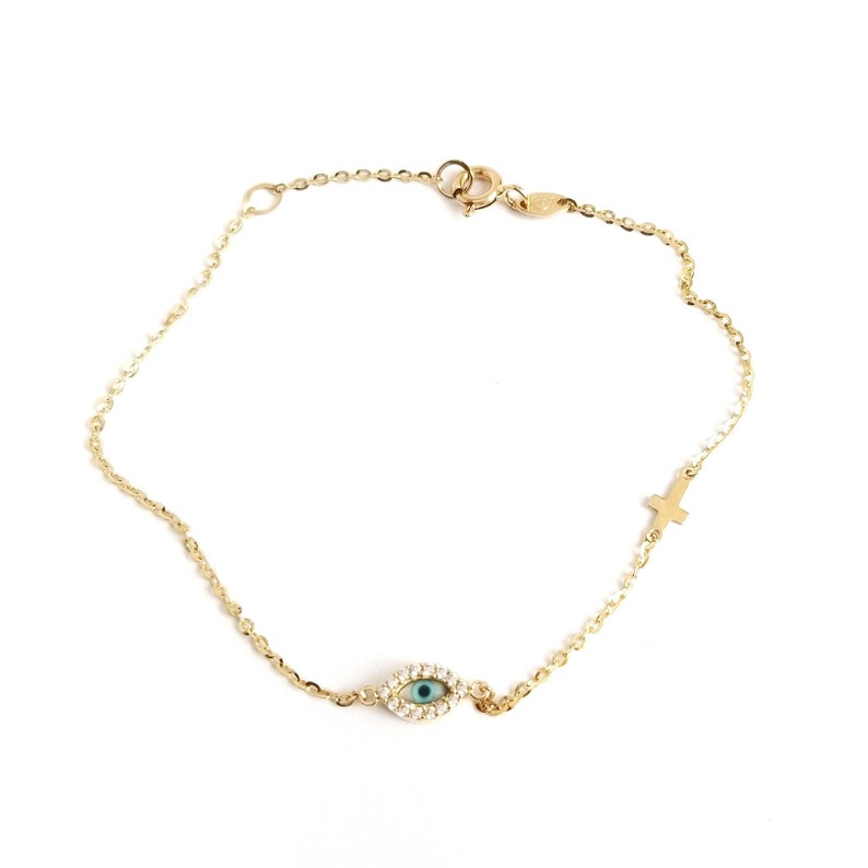 Greek Evil Eye Mother of Pearls /& Zirconia Cross Chain Bracelet.14K Yellow Solid Gold.White Cubic Zirconia.Good Luck and Protection Jewelry.