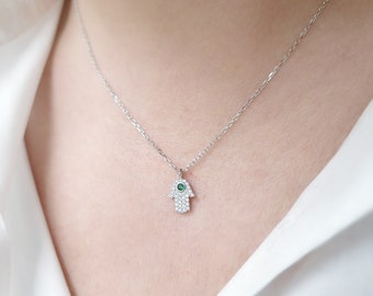 Sterling Silver Hamsa Necklace: White Zirconia Evil Eye Charm
