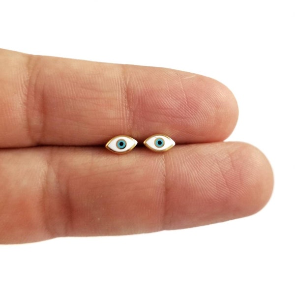 14K Greek Eye Stud Earrings. White Enamel Eye. 14K Yellow Solid Gold. Butterfly 14K Yellow Solid Gold Clasps.