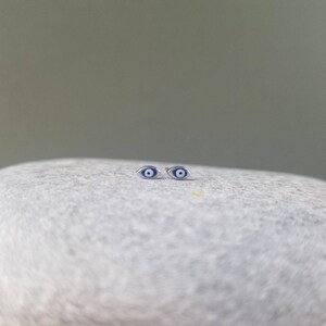 Könnte beinhalten: Ein Paar silberne Ohrstecker mit blauen und weißen bösen Augen.