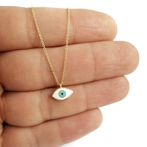14K Greek Evil Eye Necklace Pendant. 14K Yellow Solid Gold. White and Light Blue Green Enamel. Good Luck and Protection Charm
