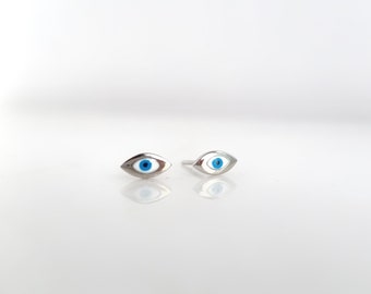 Tiny White Evil Eye Earrings Studs. 925 Sterling Silver. Greek Evil Eye.Butterfly Clasps