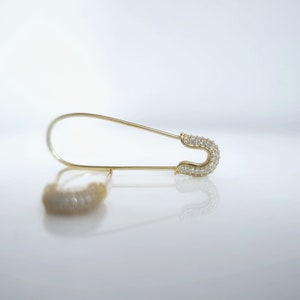 Safety Pin Brooch Earrings. 925 Sterling Silver Gold Plated Earrings. White Cubic Zirconia. image 4