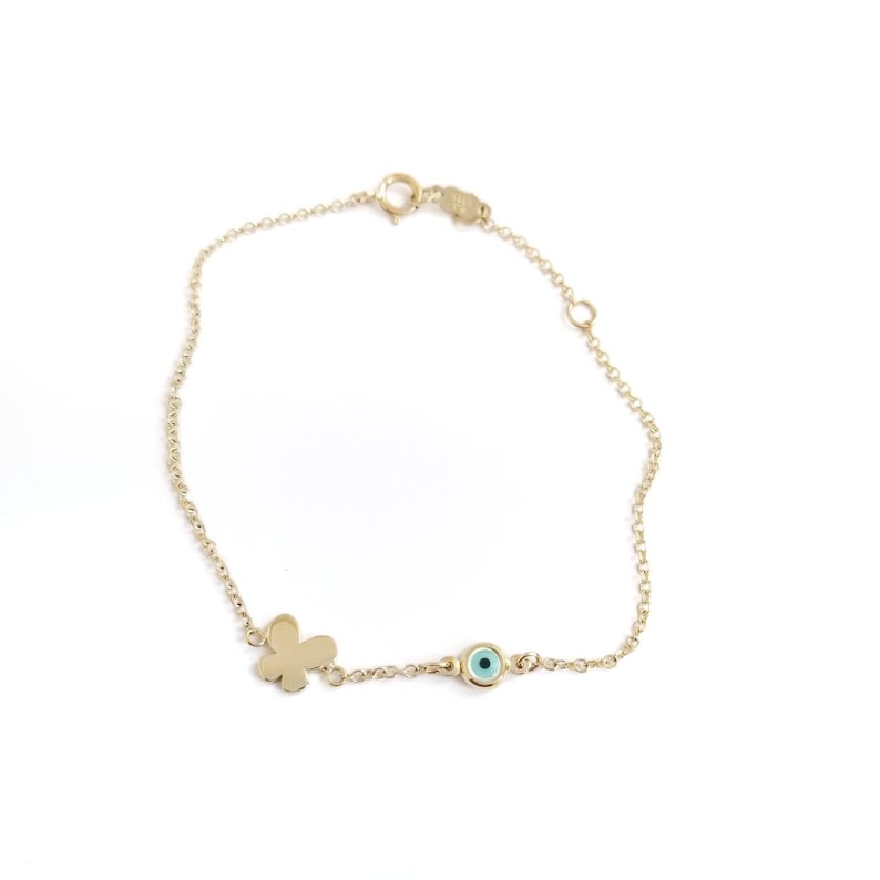 14K Greek Evil Eye /& Butterfly Charms in Chain Bracelet.14K Yellow Solid Gold.Good Luck and Protection Jewelry.