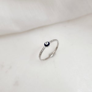 Dark Blue Greek Evil Eye Zirconia Ring.925 Sterling Silver. Blue and White Enamel Eye.Good Luck and Protection Jewellery.