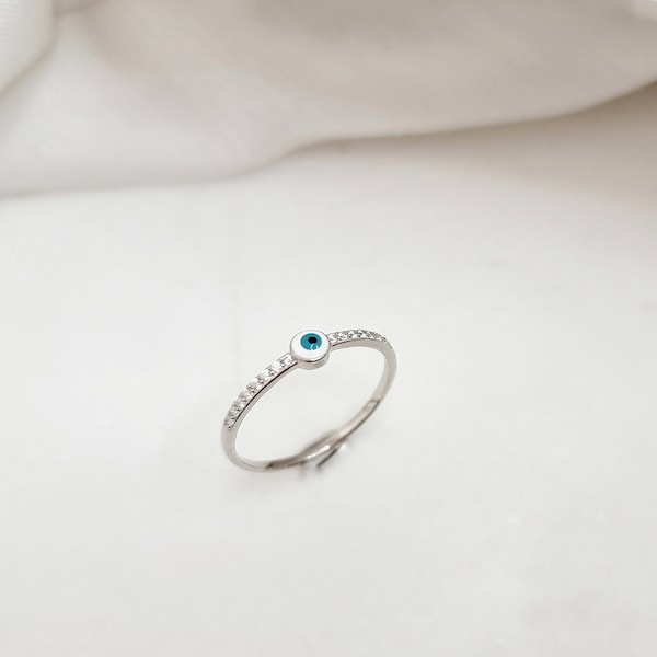 Silver White Greek Evil Eye Zirconia Ring.925 Sterling Silver. White Enamel Eye.Good Luck and Protection Jewellery.