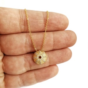 9K Yellow Solid Gold Sea Urchin Necklace Cubic Zirconia Pendant. Paracentrotus Sea Urchin Charm Necklace.Beautiful Gold Details.