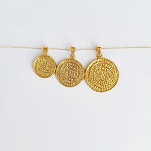 14K Greek Phaistos Gold Disc Thin Pendant Necklace. 14K Yellow Solid Gold.Ancient Greek Medallion. Three sizes. No Chain.