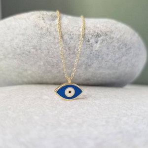 9K Greek Evil Eye Necklace Pendant. 9K Yellow Solid Gold. Dark Blue White and Black enamel. Good Luck and Protection Charm