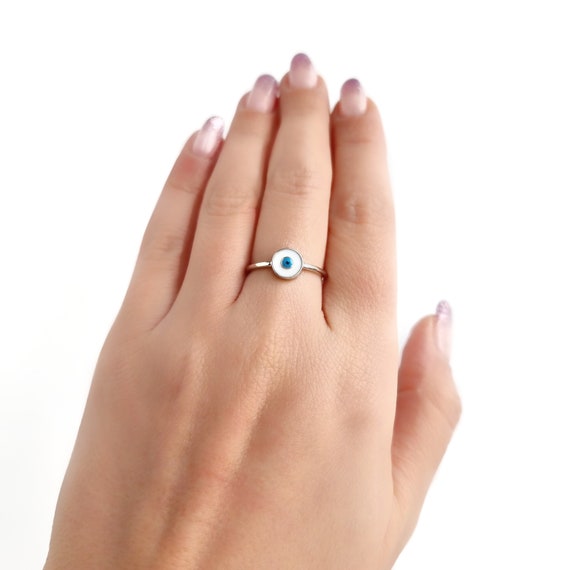 White Greek Evil Eye Ring.925 Sterling Silver. Round White Enamel
