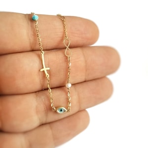 14K Greek Eye Cross Infinity Pearl Turquoise Pearl Bead in Charms in Chain Bracelet. 14K Yellow Solid Gold.Good Luck and Protection Charm.