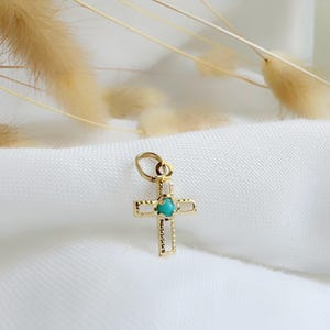 14K Tiny Cross Pendant Turquoise Bead. 14K Yellow Solid Gold.  Thin Cord Necklace with 925 Sterling Silver and Gold Plated clasp