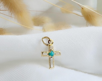 14K Tiny Cross Pendant Turquoise Bead. 14K Yellow Solid Gold.  Thin Cord Necklace with 925 Sterling Silver and Gold Plated clasp