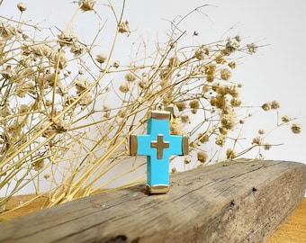 14K Cross Two Sided pendant.14K Yellow Solid Gold details. Turquoise Cross. Christian Pendant.
