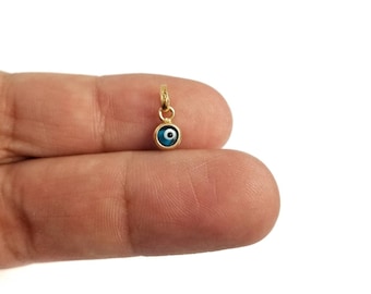 9K Tiny Gold Greek Evil Eye pendant.9K Solid Yellow Gold.Blue Murano Eye. Good luck and Protection charm.