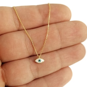 14K Tiny Greek Evil Eye Necklace Pendant. 14K Yellow Solid Gold. White and Light Blue Green Enamel. Good Luck and Protection Charm