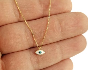 14K Tiny Greek Evil Eye Necklace Pendant. 14K Yellow Solid Gold. White and Light Blue Green Enamel. Good Luck and Protection Charm