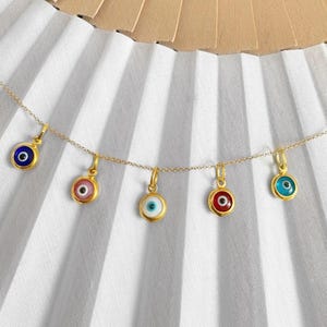 14K Tiny Gold Greek Evil Eye Pendant. 14K Yellow Solid Gold. Protection and Good Luck Charm. 5 Colors Available