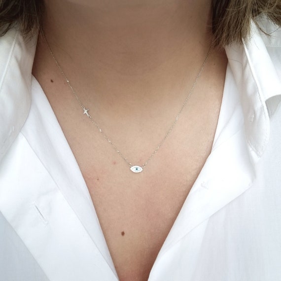 14 Tiny Greek Evil Eye Cross Necklace Pendant. 14K White Solid