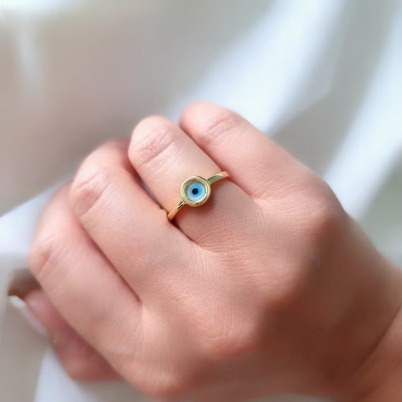 Round Greek Evil Eye Ring.925 Sterling Silver Gold Plated. Mother