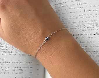 Greek Evil Eye Dark Blue and White Enamel Chain Bracelet. 925 Sterling Silver. Good Luck and Protection Jewelry.