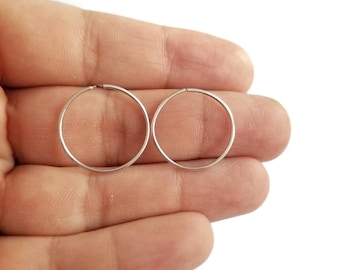 14K White Solid Gold Chic Hoop Earrings.Minimalist Hoop Earrings. 0.9mm Thin Gold Hoops.