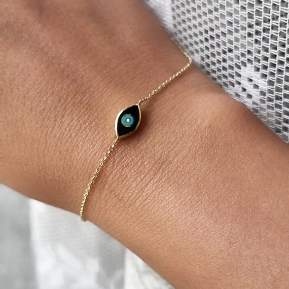 14K Black Greek Evil Eye Enamel Chain Bracelet. 14K Yellow Solid