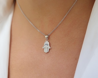 Sterling Silver Hamsa Pendant: White Zirconia Evil Eye Charm