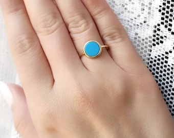 Turquoise Circle Round Geometric Ring. 925 Sterling Silver Gold Plated. Retro Ring.