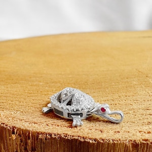 Silver Turtle Vintage Retro Moving Parts Pendant. 925 Sterling Silver Red and White Cubic Zirconia. No Chain.