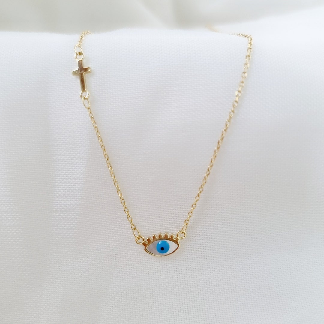 Silver Greek Evil Eye Cross Pendant Chain Necklace. 925 Sterling Silver