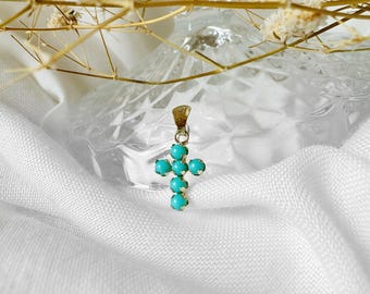 9K Tiny Cross Pendant Turquoise Beads. 9K Yellow Solid Gold. Turquoise Cross