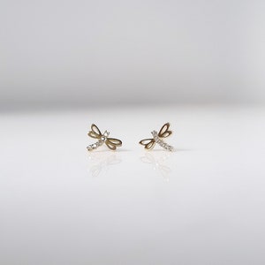 14K Dragonfly Stud Earrings. 14K Yellow Solid Gold and White Cubic Zirconia. Butterfly 14K gold clasps