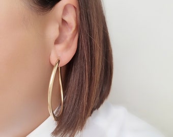 14K Yellow Solid Gold Chic Hoop Large Earrings.Minimalist Hoop Earrings.  1.90mm Thin Gold Hoops. Hollo Inside.