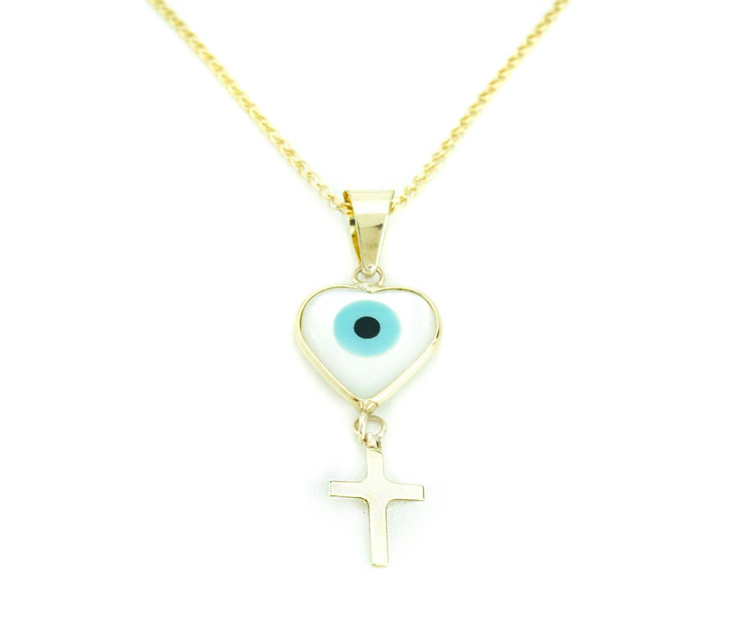 14K Gold Heart Shape Greek Evil Eye Cross Pendant Made of Yellow Gold ...