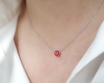 Red Greek Evil Eye Enamel Pendant Chain Necklace.925 Sterling Silver Necklace.Good Luck Protection Charm.Silver/Gold Plated Silver.