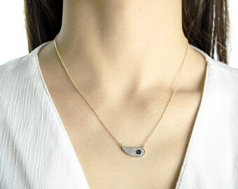 14K Greek Evil Eye Pendant Necklace. 14K Yellow and White Solid Gold. White Zircons and Black Cubic Zirconia.