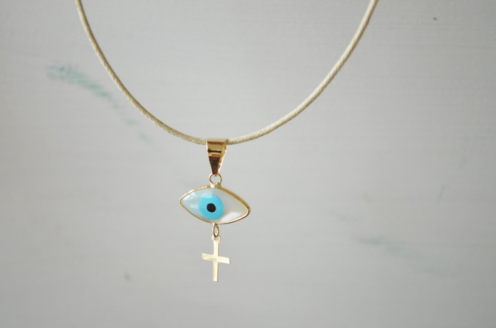 14K Gold Greek Evil Eye & Cross Pendant. 14K Solid Yellow Etsy