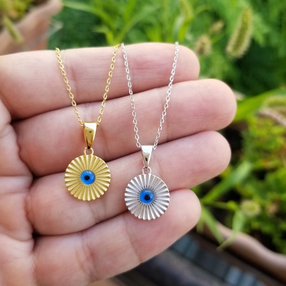 Blue Evil Eye Pendant Chain Necklace. 925 Sterling Silver.gold