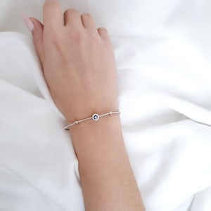 Two sided Greek Evil Eye Dark Blue and White Enamel Chain Bracelet. 925 Sterling Silver Cubic Zirconia. Good Luck and Protection Jewelry.