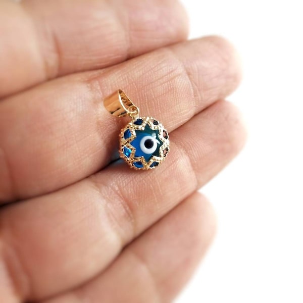 14K Gold Greek Evil Eye Pendant. 14K Yellow Solid Gold.Blue Murano. Protection and Good Luck Charm