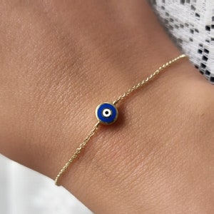 14K Dark Blue Greek Evil Eye Enamel Chain Bracelet. 14K Yellow Solid Gold. Good Luck and Protection Jewelry.