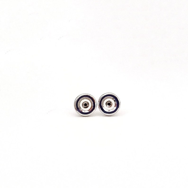 Dark Blue and White Evil Eye Earrings Studs. 925 Sterling Silver. Round Evil Eye.Butterfly Clasps image 3