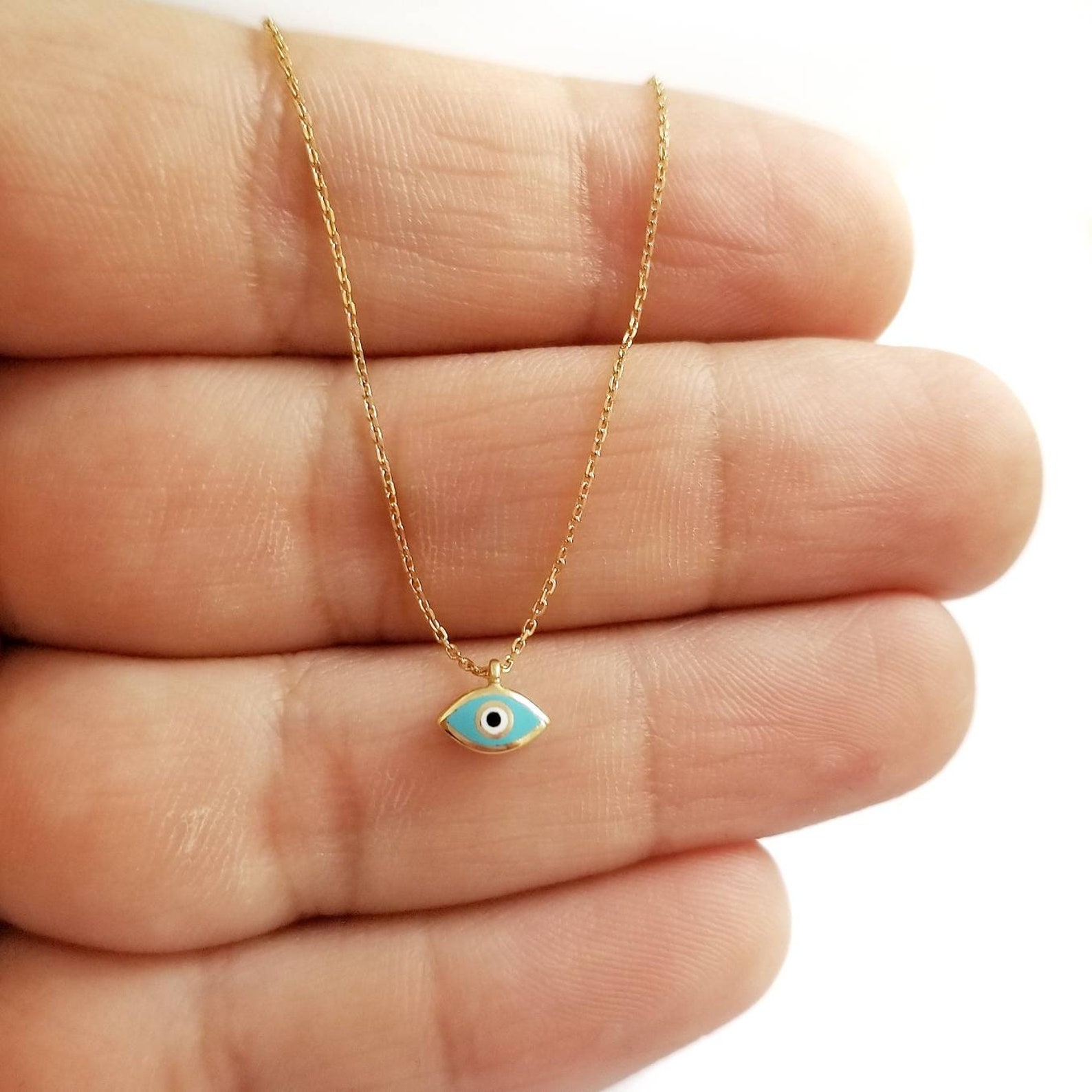 14k Tiny Greek Evil Eye Necklace Pendant 14k Yellow Solid Etsy