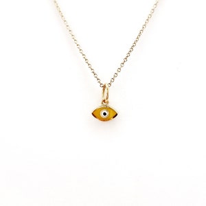 14K Gold Tiny Yellow Greek Evil Eye Pendant. 14K Yellow Solid Gold. Yellow Enamel Evil Eye. Protection and Good Luck Charm