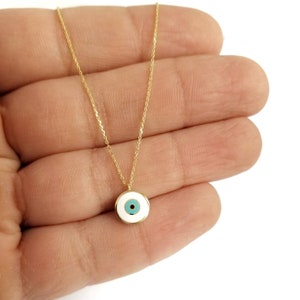 9K Round Greek Evil Eye Necklace Pendant. 9K Yellow Solid Gold. White and Light Blue Green Enamel. Good Luck and Protection Charm