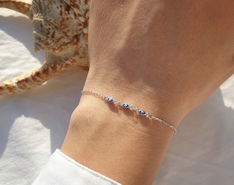 Dark Blue Triple Super Tiny Greek Evil Eye Enamel Chain Bracelet. 925 Sterling Silver. Good Luck and Protection Jewelry.