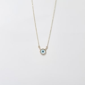 Round Greek Evil Eye Necklace Pendant. 14K Yellow Solid Gold or White Solid Gold. Mother of Pearls Greek Eye. Good Luck and Protection Charm