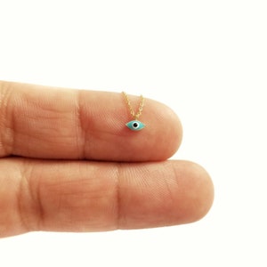 14K Super Tiny Greek Evil Eye Necklace. 14K Yellow Solid Gold. Turquoise and White Enamel. Good Luck and Protection Charm