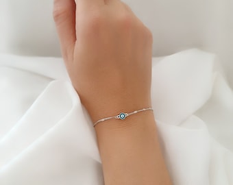 Two sided Greek Evil Eye White and Turquoise Enamel Chain Bracelet. 925 Sterling Silver. Good Luck and Protection Jewelry.